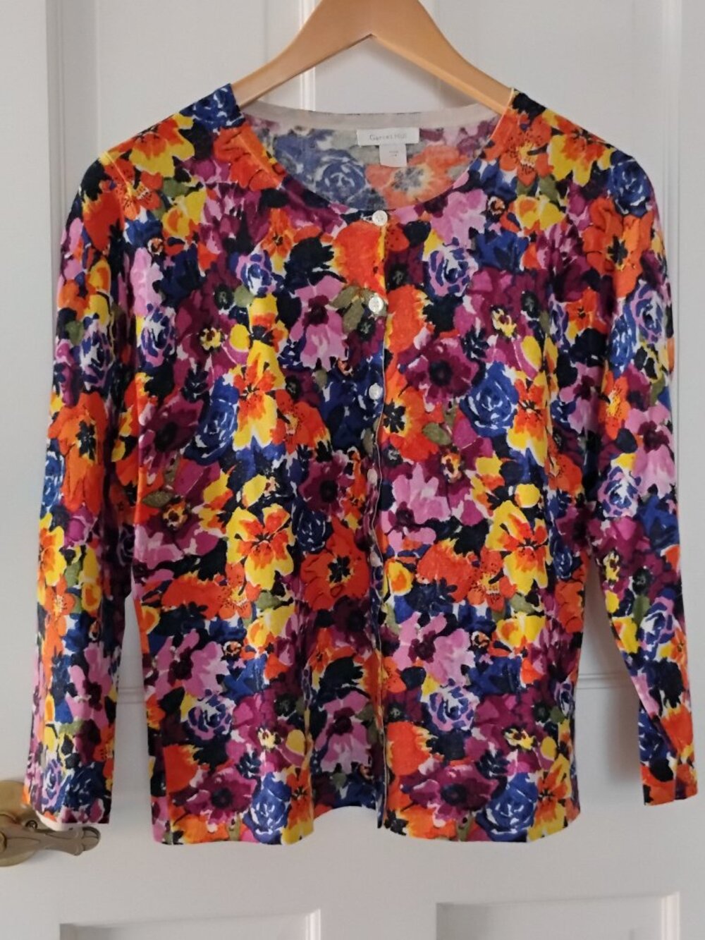 Garnet Hill Merino Wool Bold Fall Floral 3/4 Sleeve Cardigan Sz L in VGUC